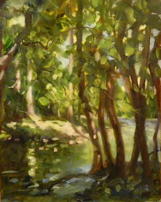 "Dappled Forest, 11x14, oil on masonite panel, Brandywine river, dappled forest, light and shadow," original fine art by Maryanne Jacobsen