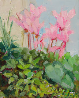 "Pink Cyclamen and Sage,still life,oil on panel,10x8,price $250" original fine art by Joy Olney