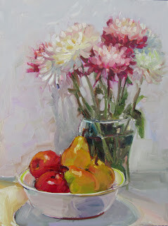 "Chrysanthemums,Pink Ladies and Bartletts,still life,oil on panel,16x12,price $325" original fine art by Joy Olney