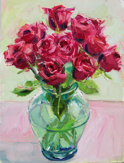 "March Roses,still life,oil on panel,12x9,price $275" original fine art by Joy Olney