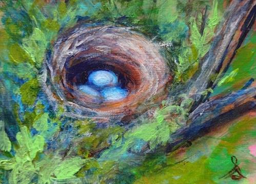 "4064 - Framed - DELICATE NEST ACEO - White Frame" original fine art by Sea Dean
