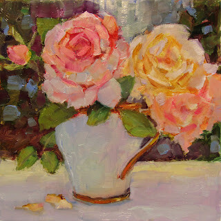 "Cup of Roses,still life,oil on panel,8x8.price NFS" original fine art by Joy Olney