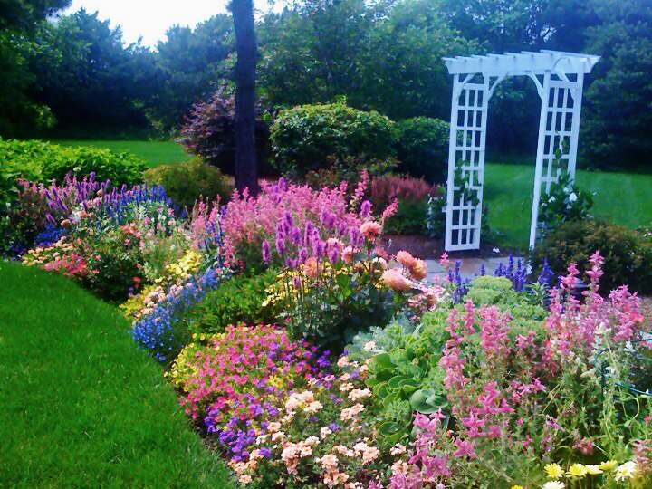 amplia cama de jardín llena de flores y una pérgola blanca