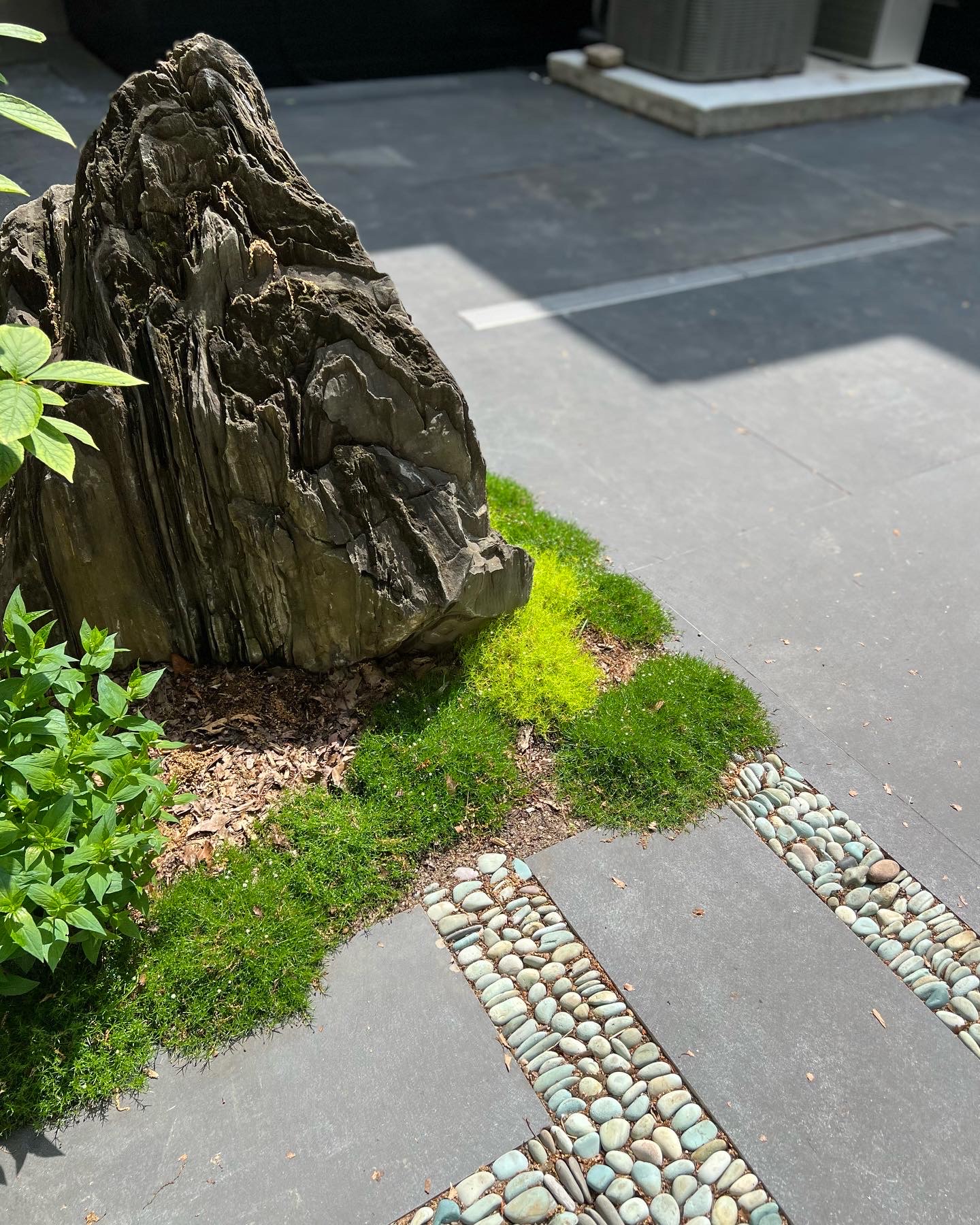Terraza de piedra con jardín de rocas y musgo