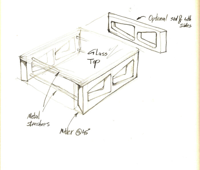 A design sketch of a potential furniture piece utilizing unique scrap wood