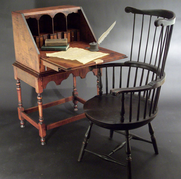Slant Lid Secretary and Thomas Jefferson Swivel Windsor Chair
