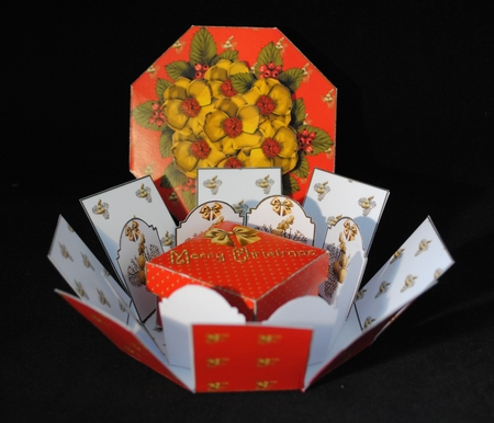 Gold Christmas rose topped hexagonal exploding box card with gift box ...