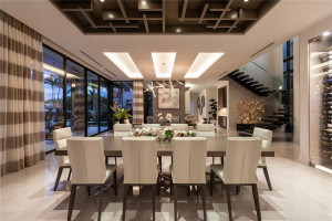 Details abound in the open dining concept with 200 bottle glass wine wall