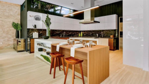 Beautiful chef's kitchen with warm textures.