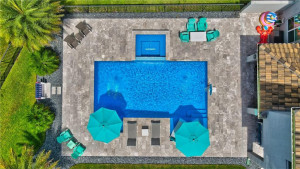 Aerial photo of back yard and pool Closer view ~2