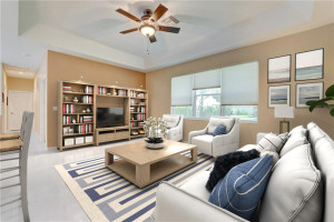Oversized family room is ready for movie night.