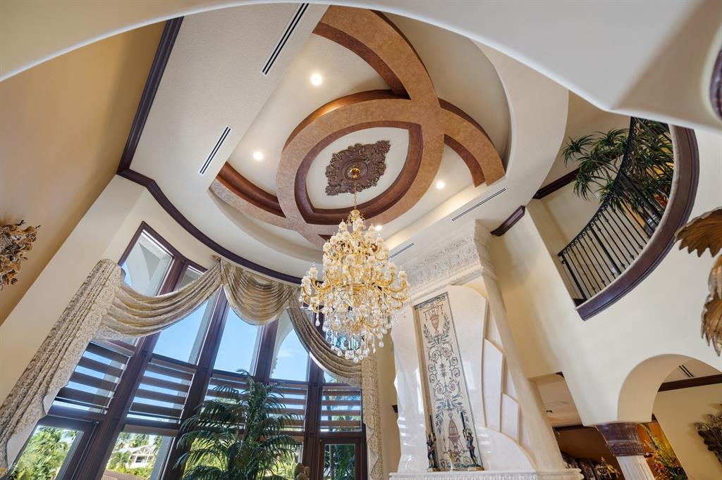Chandelier Overhead Fireplace Entertaining Space