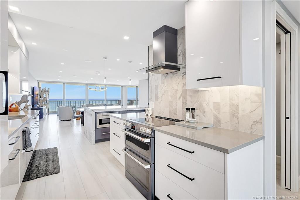 Kitchen with an ocean view