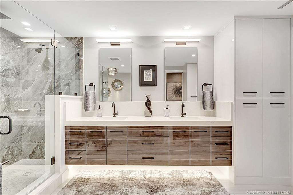 Gorgeous custom vanity with dual sinks and medicine cabinets