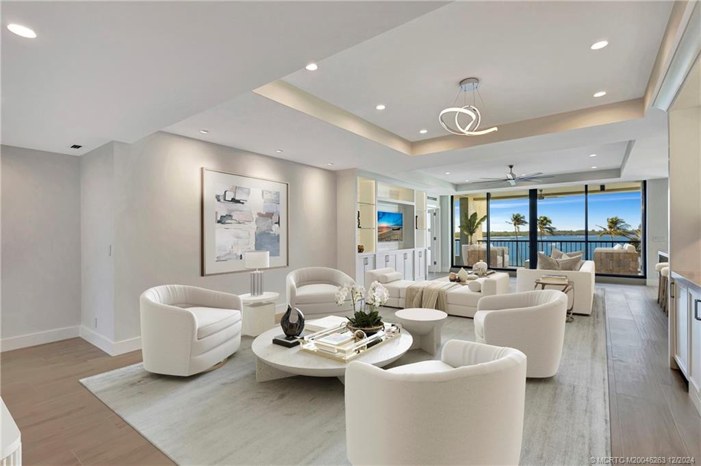 Virtually staged entertainment area with wet bar