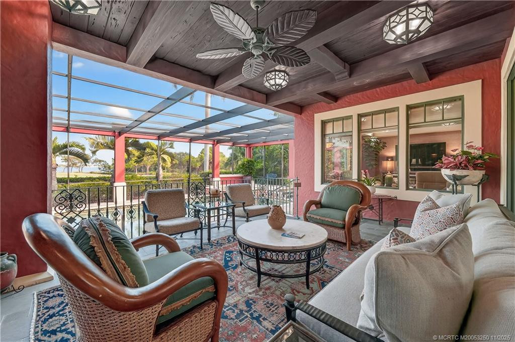 Covered outdoor seating area with Pecky Cypress ceiling
