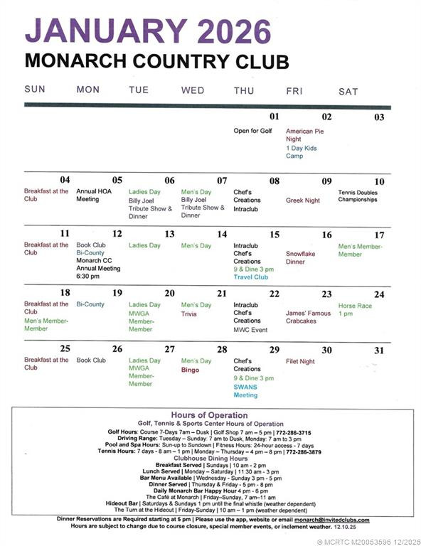 January 2026 country club event calendar