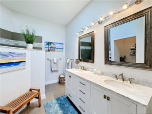 Lots of cabinets and double sinks. were the plant is, is the wall to the walk-in shower. Custom lighting and mirrors.