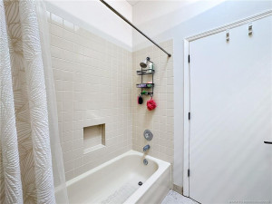 Guest bathroom, with a tub and shower combined.