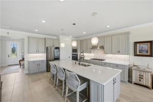 Designer gourmet kitchen showcases an oversized quartz island with seating, upgraded cabinetry, stainless steel appliances, built-in wall oven, gas cooktop, and stylish tile backsplash. Open to the main living areas, this beautifully appointed kitchen is perfect for entertaining, casual dining, and everyday living.