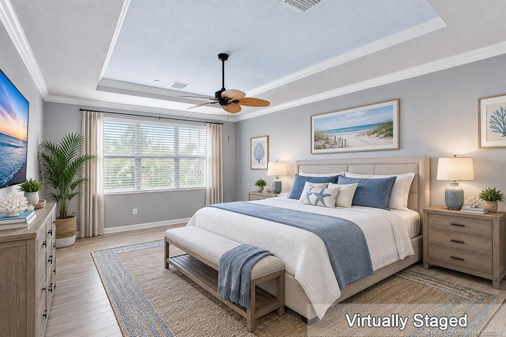Virtually staged primary bedroom