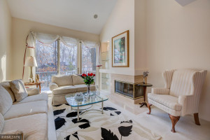 Photo for 4611 Bayswater Road, Excelsior, MN 55331 - Listing #5725865 Living room features vaulted ceilings, gas log fireplace, and sliders to deck.