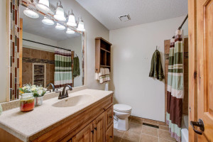 Photo for 7812 29th Street N, Oakdale, MN 55128 - Listing #6193596 Main bathroom, this one with a tub and shower, with custom trim around the mirror and shower storage. Really well done.