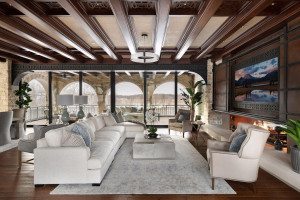 Photo for 835 Hunt Farm Road, Long Lake, MN 55356 - Listing #5693151 The great room features a custom designed entertainment center with fireplace and walls of glass opening to two stone arched terraces.