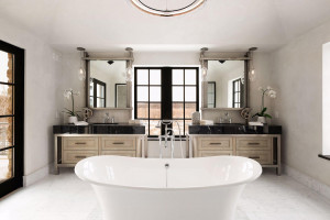 Photo for 835 Hunt Farm Road, Long Lake, MN 55356 - Listing #5693151 This stunning bath features heated Carrara marble floors, custom designed vanities, walk-in shower, floating tub and balcony access.