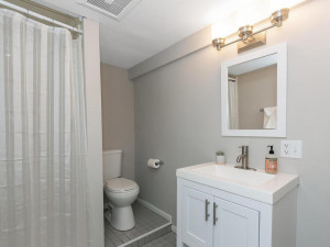 Photo for 991 Stryker Avenue, West Saint Paul, MN 55118 - Listing #6109307 Lower level 3/4 bath with step-in shower and new vanity, lighting, paint, and sink.