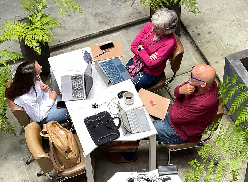 Small group of adult learners working with a Fluenz Spanish tutor during the Fluenz Luxury Spanish Immersion in Mexico City, combining intensive lessons with collaborative coaching.
