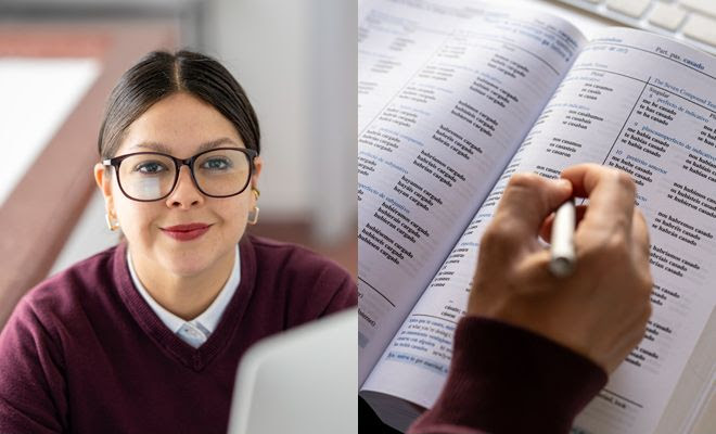 Spanish tutor teaching live online during an intensive, one-on-one session for the best online Spanish course; close-up of the tutor and her immersive study materials used in Fluenz’s structured online Spanish immersion program.