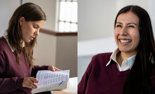 A pair of professional Spanish tutors during an online Spanish immersion session, illustrating the rigor and warmth of Fluenz Live Online. One tutor reviews structured grammar materials while the other smiles during a one-on-one conversation, showcasing the intensive, personalized approach of learning Spanish on Zoom. Best course online in the world for serious adult learners seeking a structured, live online program.