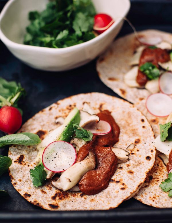Oyster Mushroom Tacos with Cacao Sauce