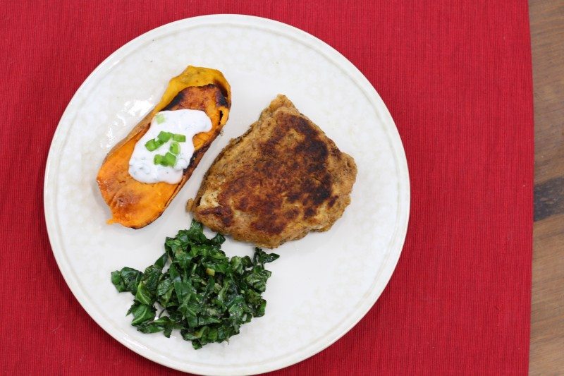 Chicken Fried Chicken with Baked Sweet Potato & Collard Greens from