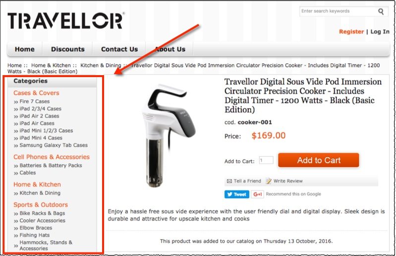 travellor website with arrow pointing to non-kitchen devices in menu