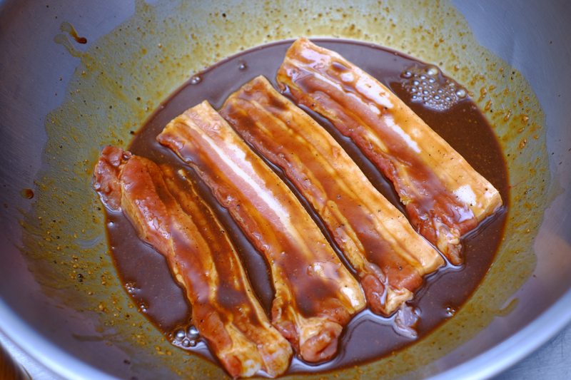 Sous Vide Mustard and Molasses Pork Belly Strips