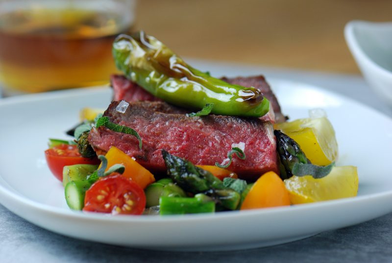 Sous Vide Chuck Steak with Asparagus and Shishito Peppers