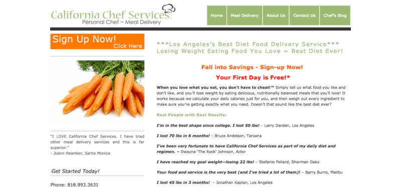 california chef services meals website screenshot showing testimonials from clients and an image of carrots.