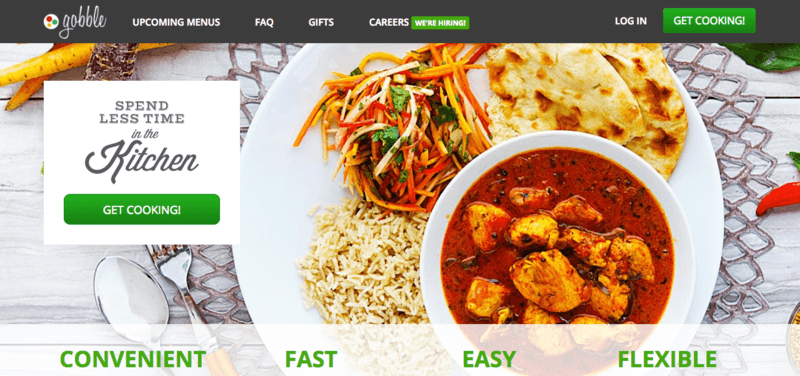 Gobble Website Screenshot showing a curry with rice, naan bread and a salad.
