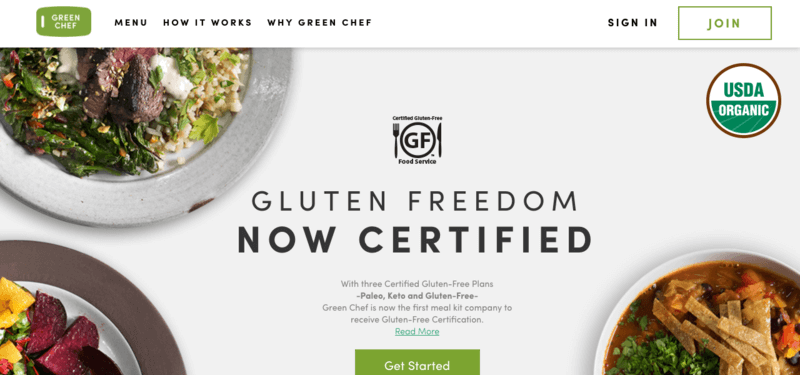 green chef meals website screenshot showing three bowls of food, including meat, veggies, soup and fruit.