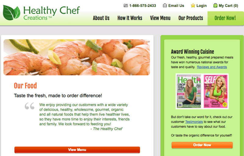 screenshot of website from Healthy Chef Creations with shrimp and magazine awards