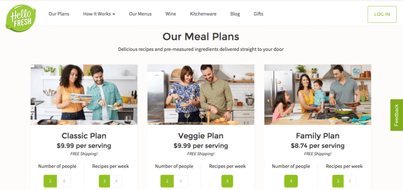 Hello Fresh Website Screenshot showing the three plans with people in the kitchen cooking