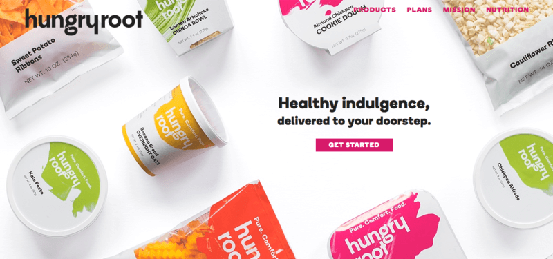 hungry root meals website screenshot showing various products such as sweet potato ribbons, kale pesto and chickpea Alfredo