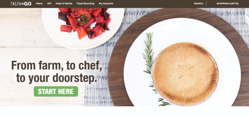 screenshot of paleo to go website featuring a salad and one of the company's famous pot pies