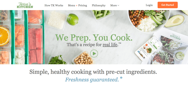 terra's kitchen website screenshot of gluten free meal kit showing various ingredients including chick peas, rice and a lime, along with a cooked meal