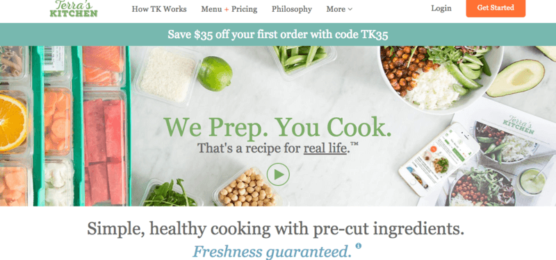 terra's kitchen meals website screenshot showing the sustainable packages, along with various ingredients like chickpeas, lime, beans, carrots and salmon