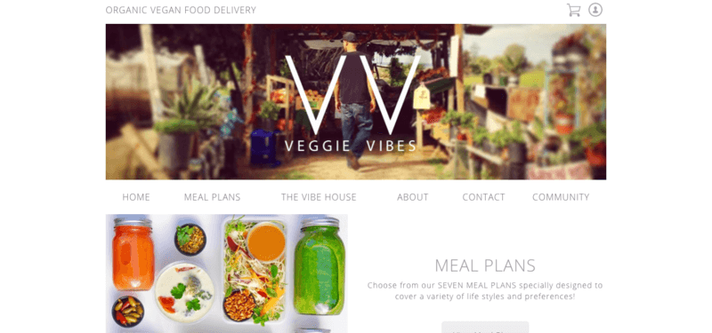 veggie vibes meals website screenshot showing some juices, sides and prepared meals.