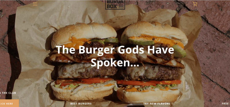 BurgaBox screenshot showing two large burgers, with fillings that include beef patties, tomatoes and cheese, along with many others.