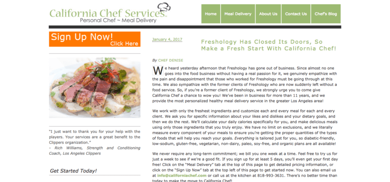 California Chef Services website screenshot, showing text about the company, along with an image of sliced steak and various sides.